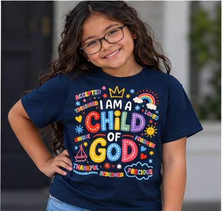Kids Tee — "Child of God" Colorful Faith Graphic