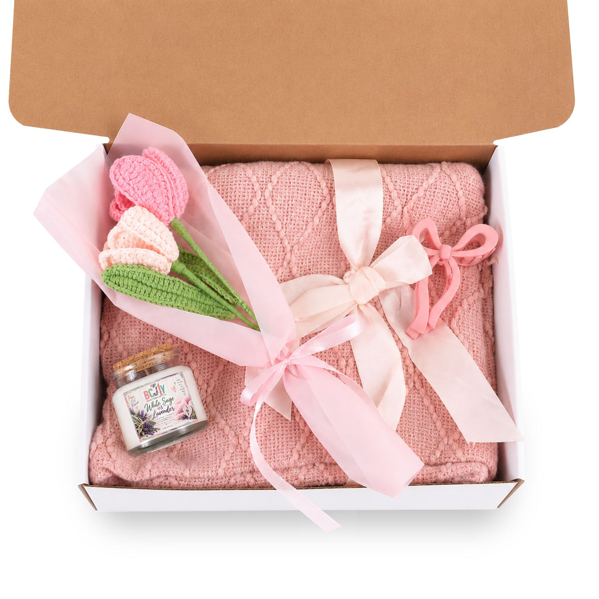 Blush & Bloom Gift Set — White Sage & Lavender Candle, Pink Knit Blanket, Crochet Flower Bouquet & Bow Clip