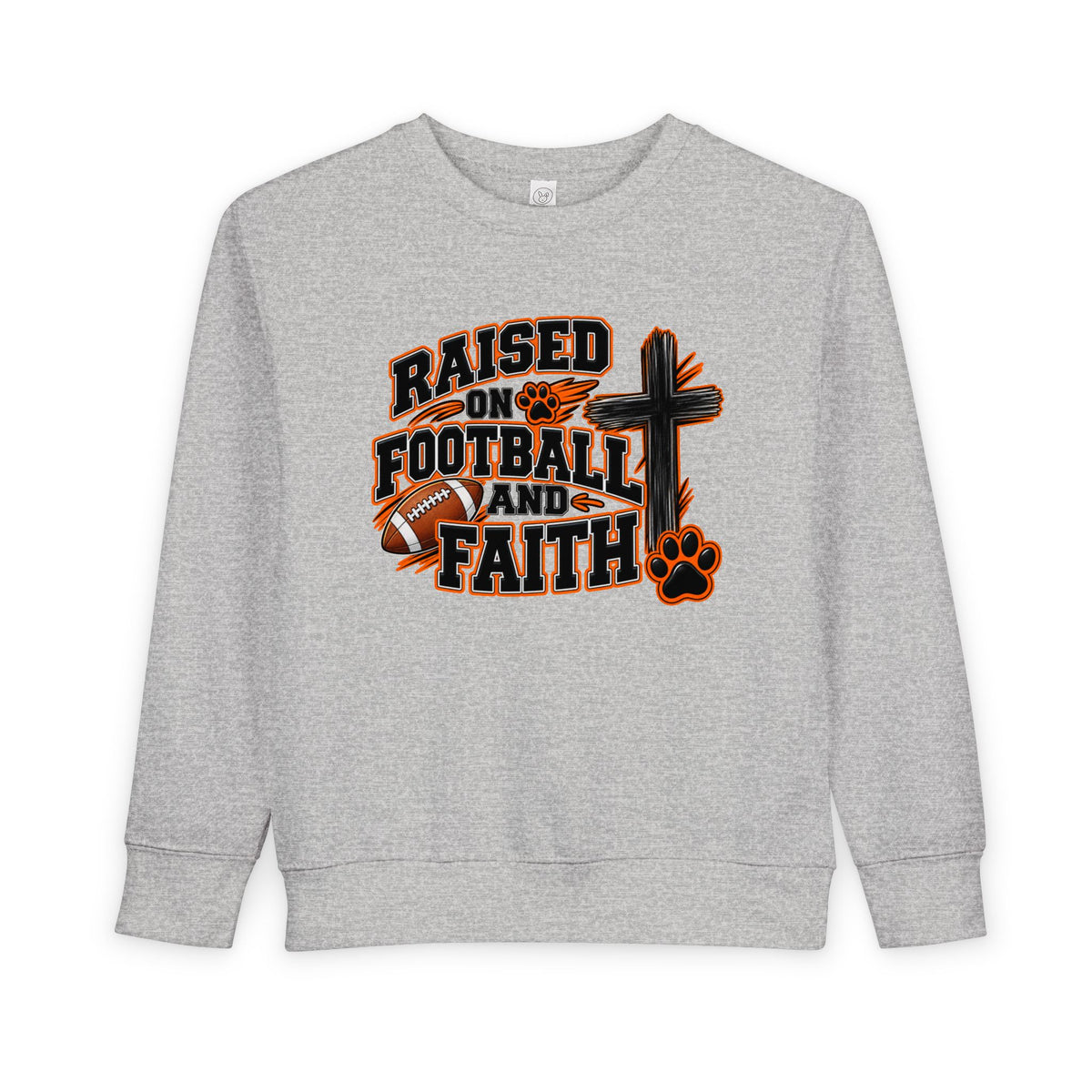 Toddler Sweatshirt — "Raised on Football and Faith" Youth Crewneck (Football Cross & Paw Graphic)