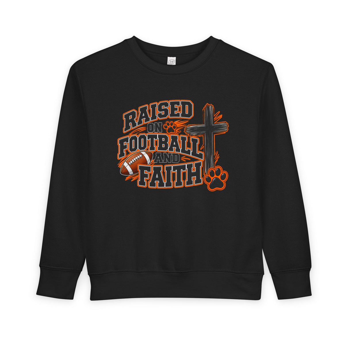 Toddler Sweatshirt — "Raised on Football and Faith" Youth Crewneck (Football Cross & Paw Graphic)