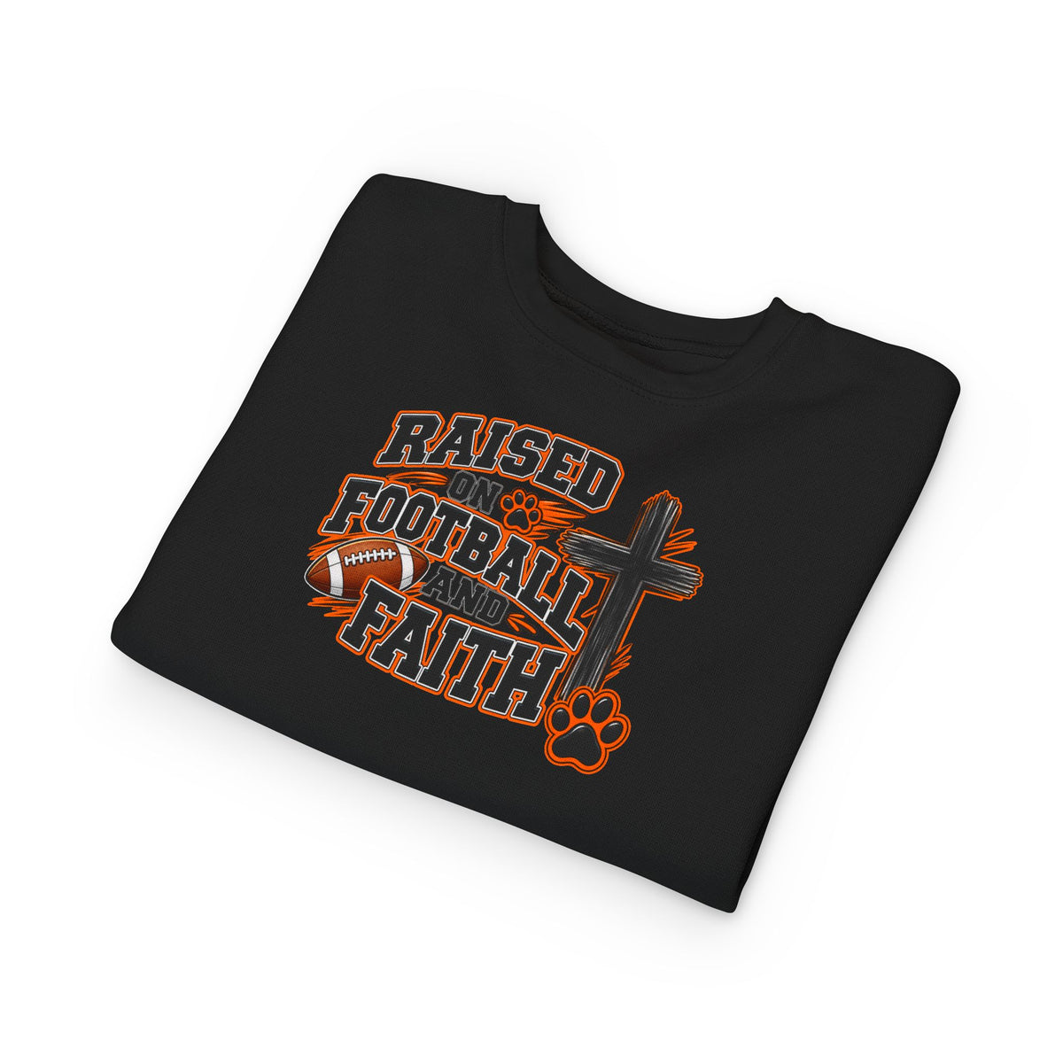 Toddler Sweatshirt — "Raised on Football and Faith" Youth Crewneck (Football Cross & Paw Graphic)