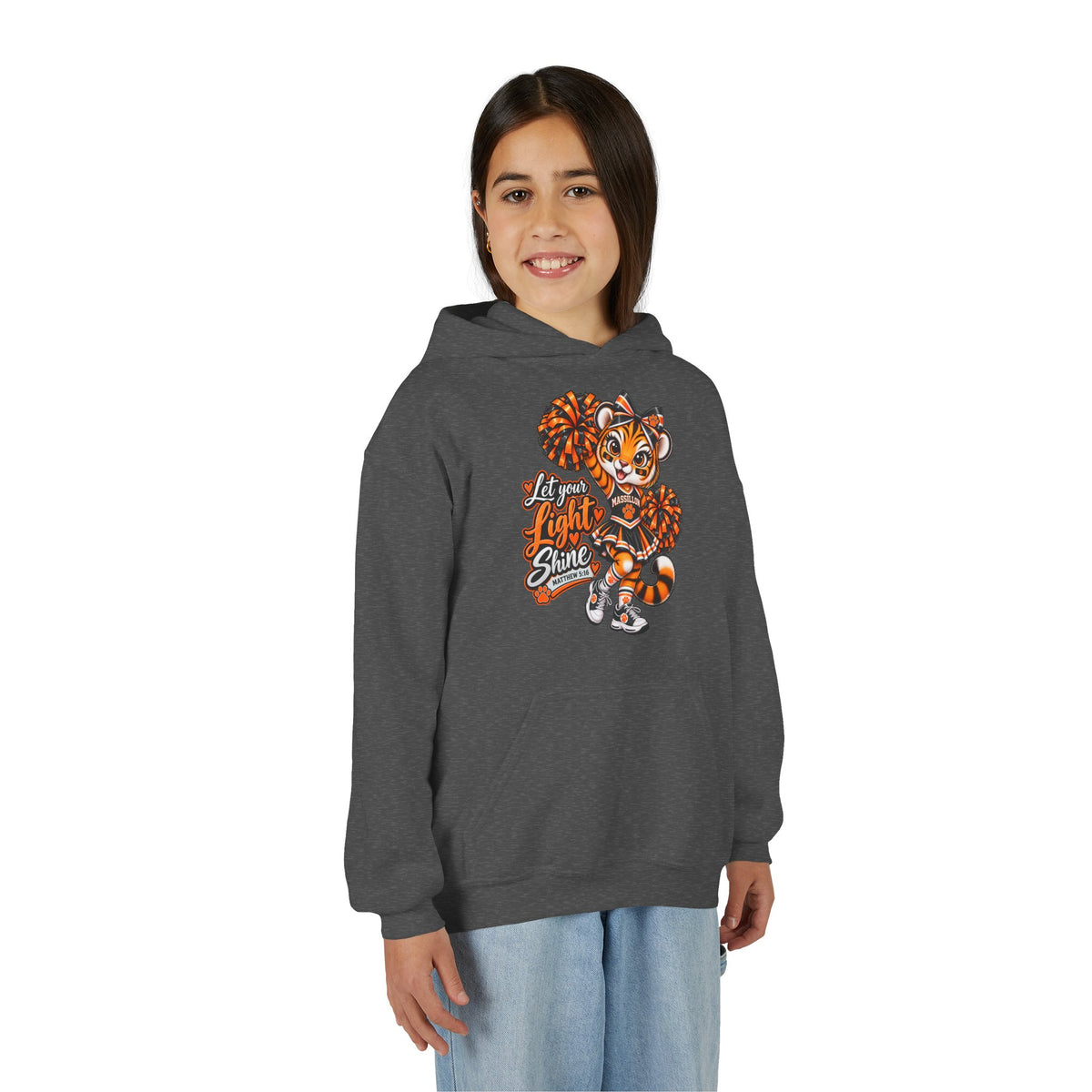 Youth Cheerleader Tiger Hoodie – 'Let Your Light Shine' Pom-Pom Mascot Sweatshirt