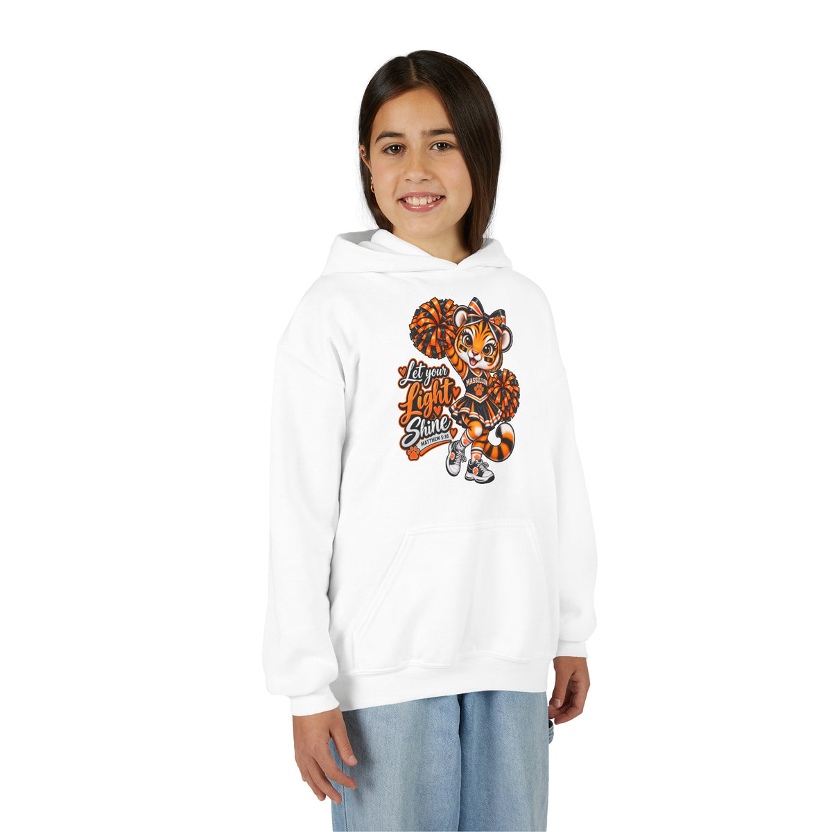 Youth Cheerleader Tiger Hoodie – 'Let Your Light Shine' Pom-Pom Mascot Sweatshirt