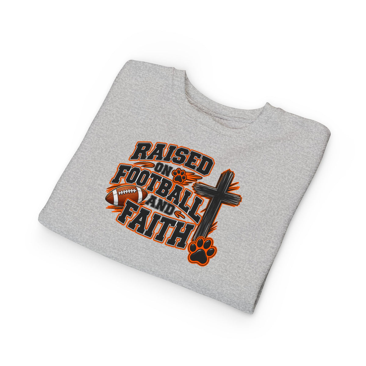 Toddler Sweatshirt — "Raised on Football and Faith" Youth Crewneck (Football Cross & Paw Graphic)