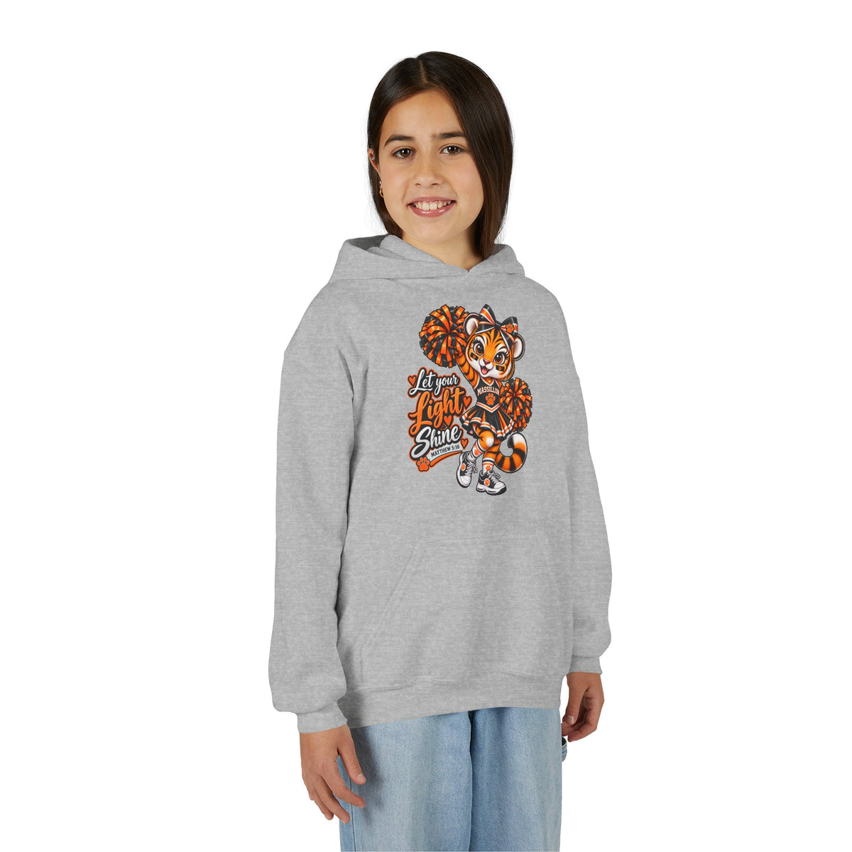 Youth Cheerleader Tiger Hoodie – 'Let Your Light Shine' Pom-Pom Mascot Sweatshirt