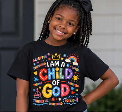 Kids Tee — "Child of God" Colorful Faith Graphic