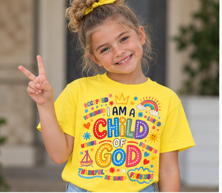 Kids Tee — "Child of God" Colorful Faith Graphic