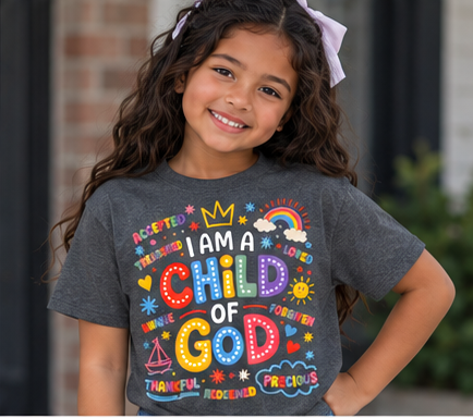 Kids Tee — "Child of God" Colorful Faith Graphic