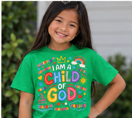 Kids Tee — "Child of God" Colorful Faith Graphic
