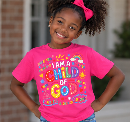 Kids Tee — "Child of God" Colorful Faith Graphic
