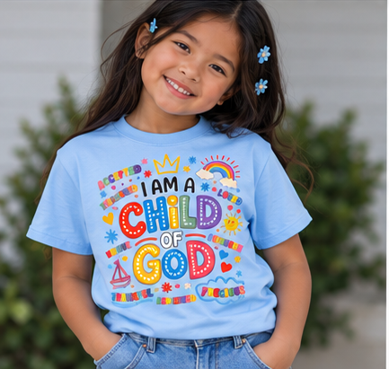 Kids Tee — "Child of God" Colorful Faith Graphic