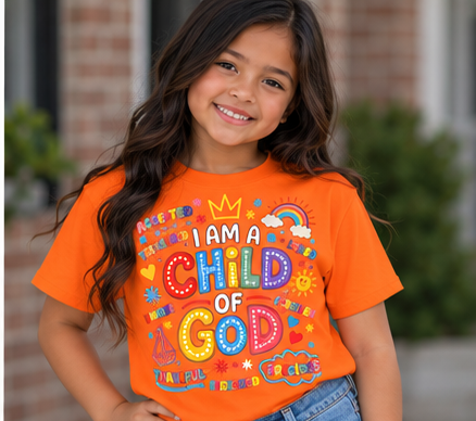 Kids Tee — "Child of God" Colorful Faith Graphic