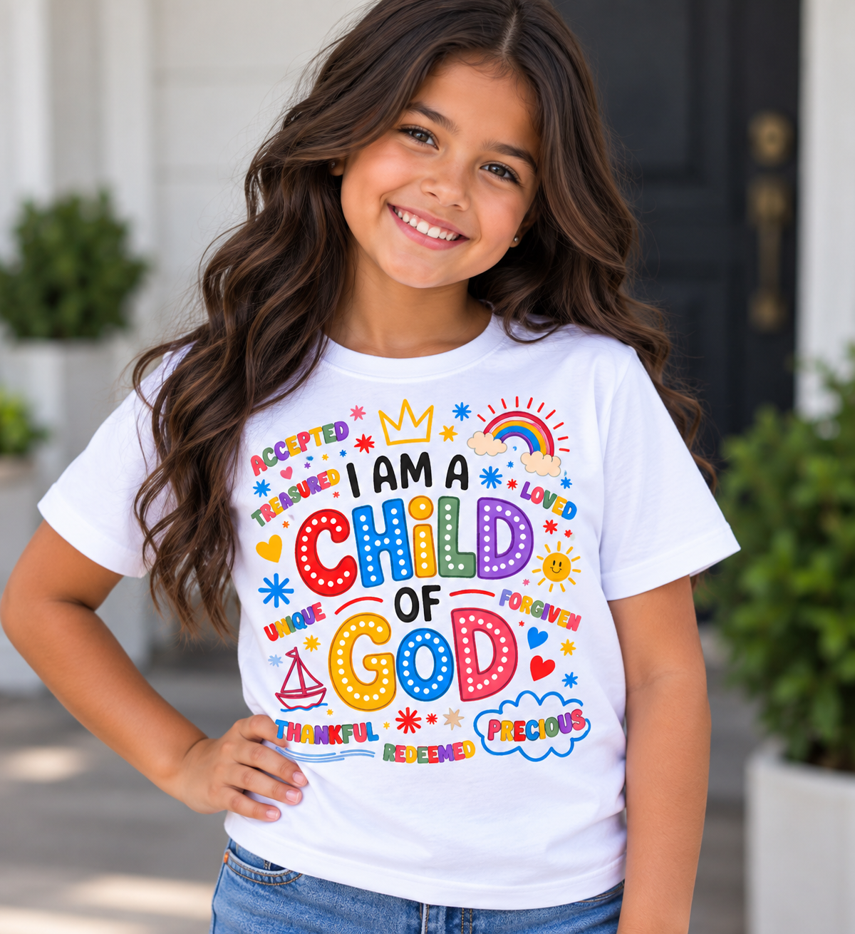 Kids Tee — "Child of God" Colorful Faith Graphic