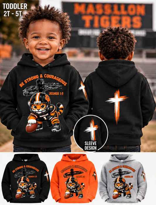 Toddler Sweatshirt — "Be Strong & Courageous" Football Tiger Kids Pullover