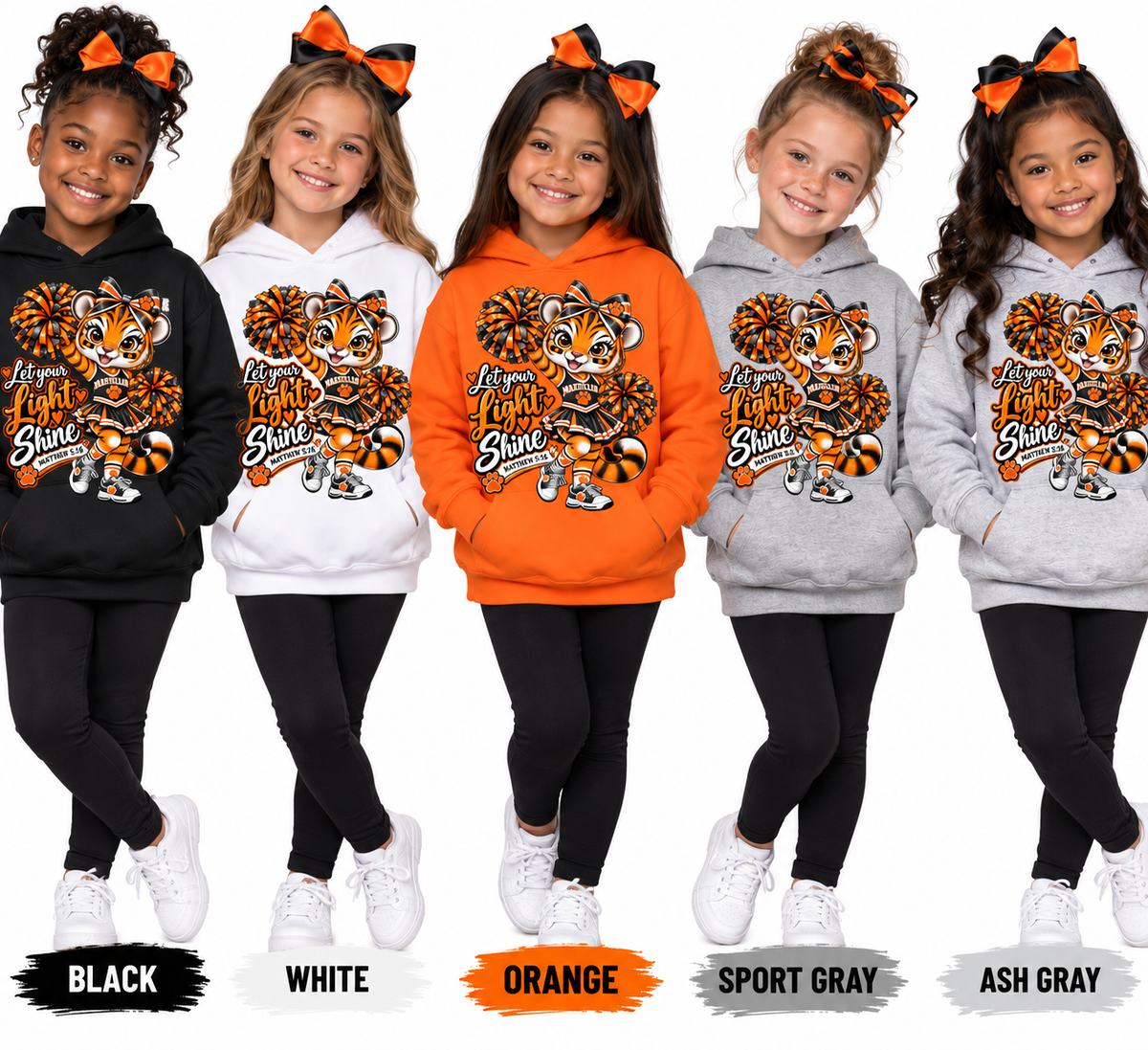 Youth Cheerleader Tiger Hoodie – 'Let Your Light Shine' Pom-Pom Mascot Sweatshirt