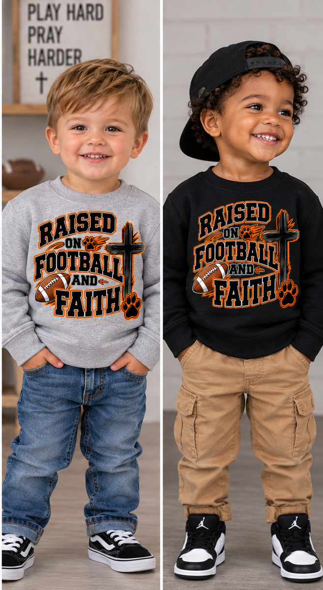 Toddler Sweatshirt — "Raised on Football and Faith" Youth Crewneck (Football Cross & Paw Graphic)