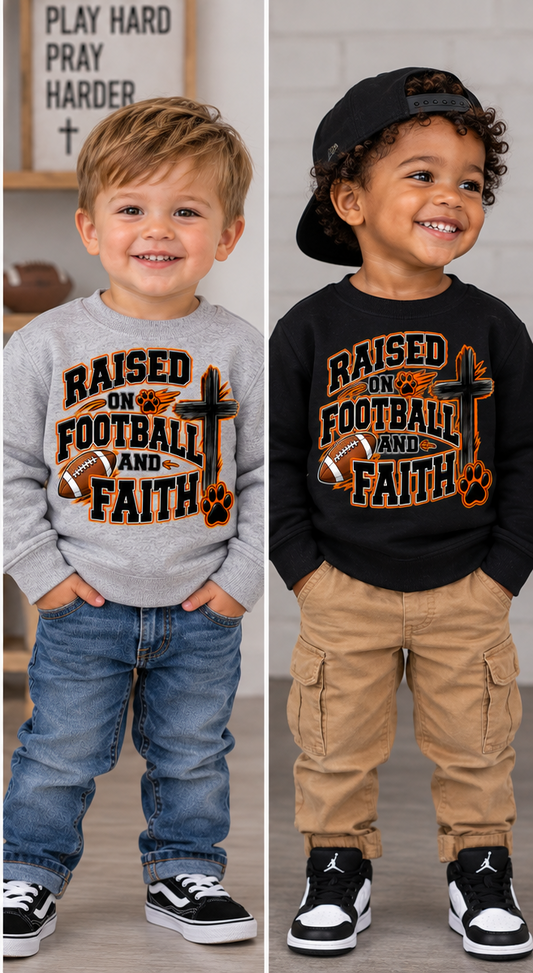 Toddler Sweatshirt — "Raised on Football and Faith" Youth Crewneck (Football Cross & Paw Graphic)
