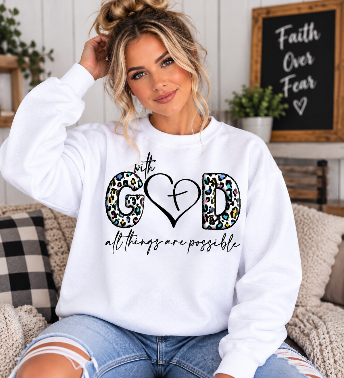 Faith Leopard Christian Crewneck Sweatshirt – With God All Things Are Possible