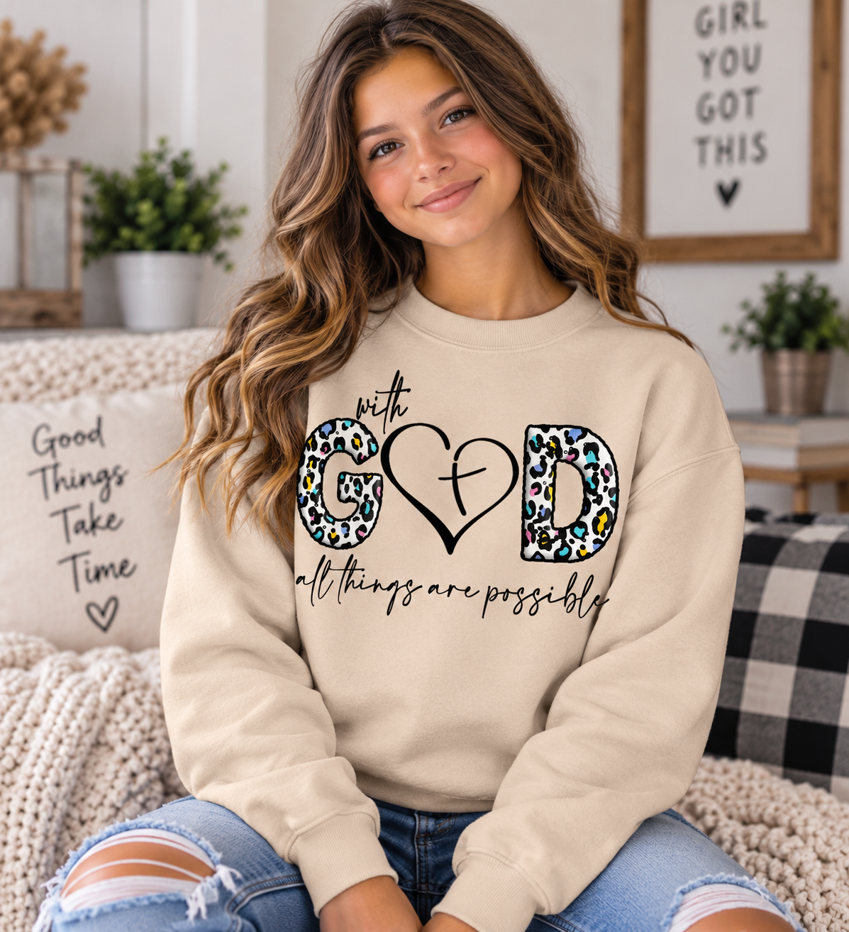 Faith Leopard Christian Crewneck Sweatshirt – With God All Things Are Possible