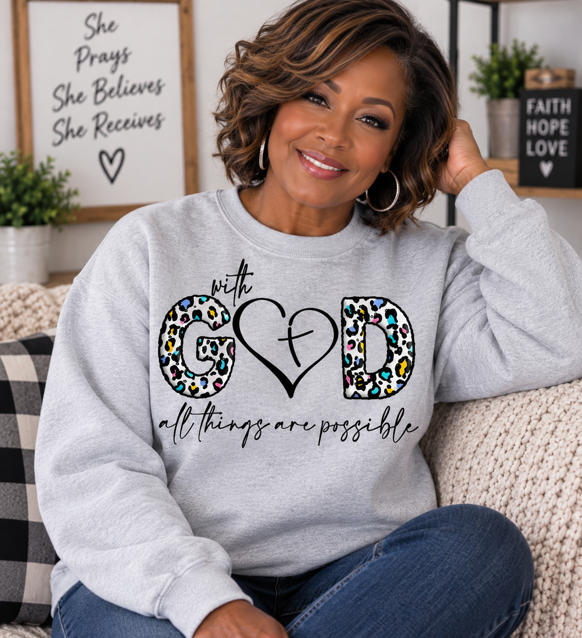Faith Leopard Christian Crewneck Sweatshirt – With God All Things Are Possible