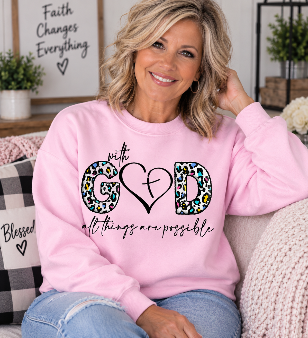 Faith Leopard Christian Crewneck Sweatshirt – With God All Things Are Possible