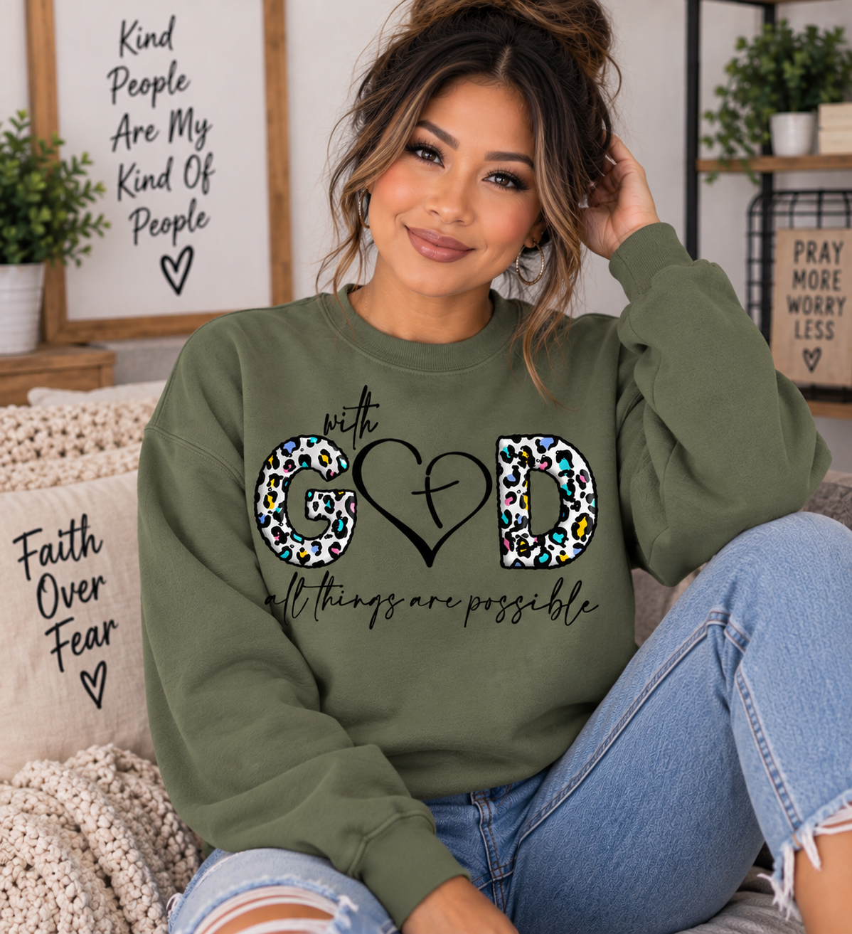Faith Leopard Christian Crewneck Sweatshirt – With God All Things Are Possible