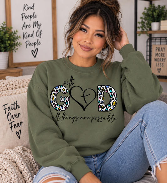 Faith Leopard Christian Crewneck Sweatshirt – With God All Things Are Possible