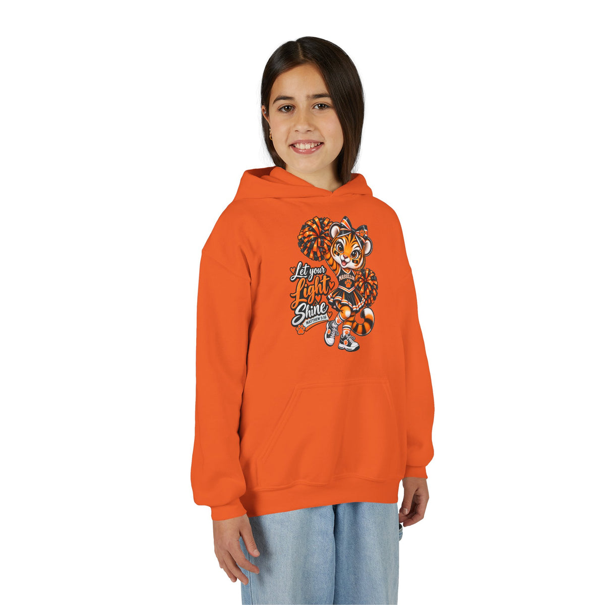 Youth Cheerleader Tiger Hoodie – 'Let Your Light Shine' Pom-Pom Mascot Sweatshirt
