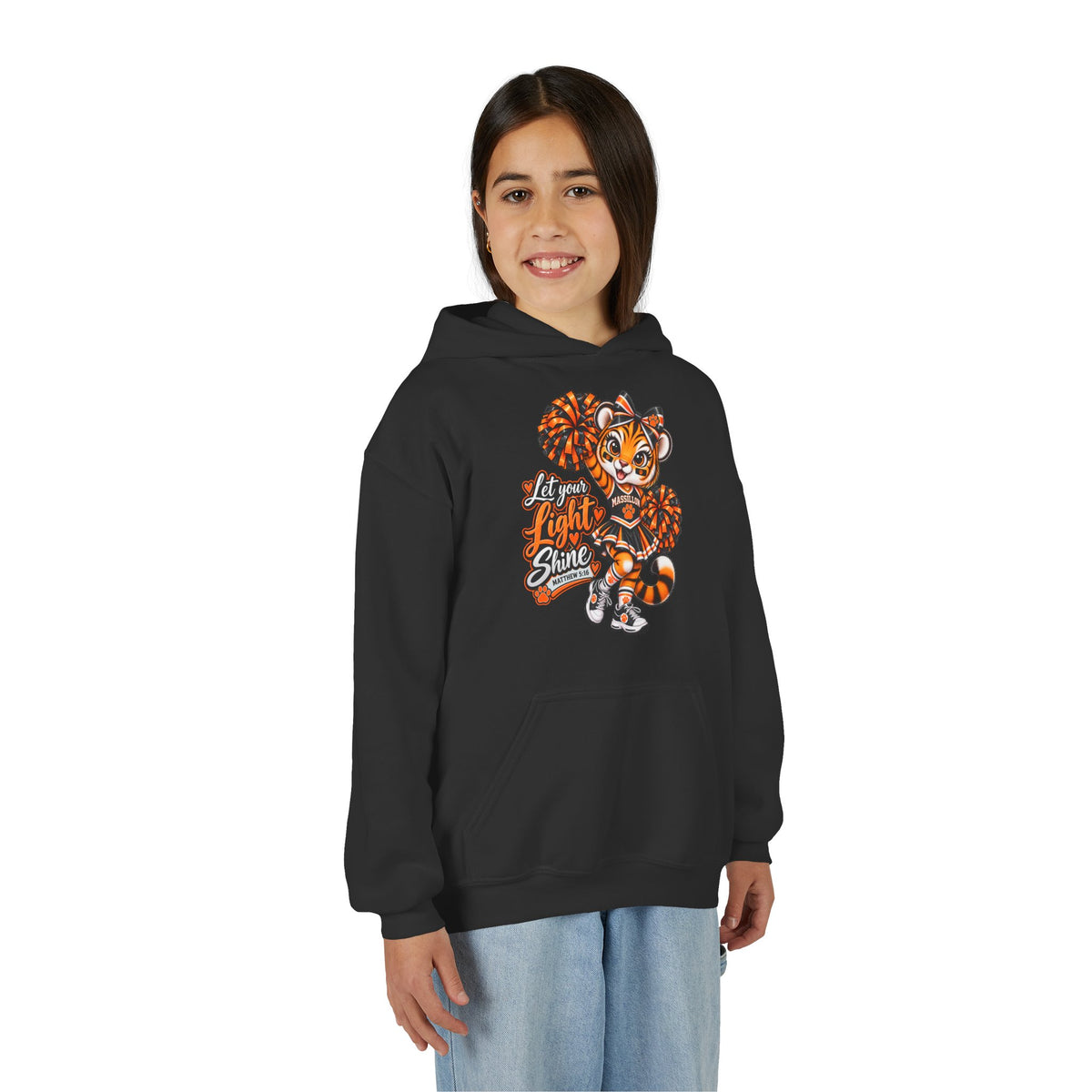 Youth Cheerleader Tiger Hoodie – 'Let Your Light Shine' Pom-Pom Mascot Sweatshirt